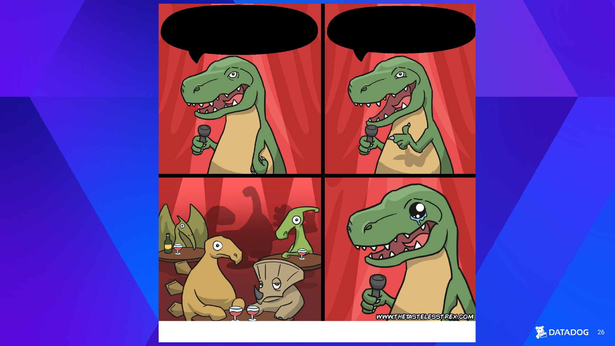 Bad Joke Dinosaur meme — a T-Rex on stage with a microphone, the audience unimpressed, then in tears.